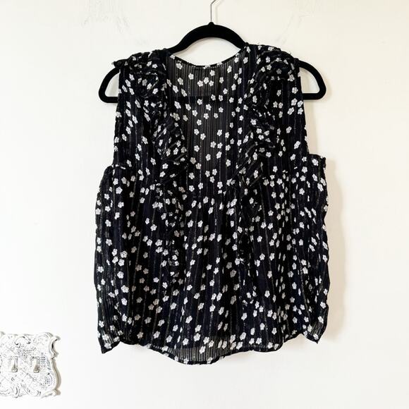 Muche et Muchette Black Daisy Floral Lurex Ruffle Semi Sheer Blouse Tank OS / M - Picture 8 of 10
